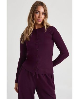 Boohoo Rib Button Through Long Sleeve Top - Purple