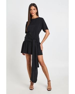 Boohoo Tie Waist Drop Hem Woven Mini Dress - Black