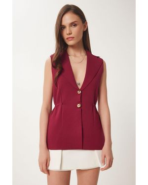 Happiness İstanbul Crepe Woven Sleeveless Waistcoat With Jacket Collar - Red