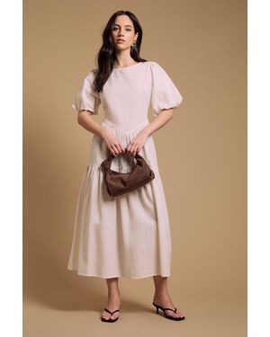 Oasis Puff Sleeve Cotton Midi Dress - Natural