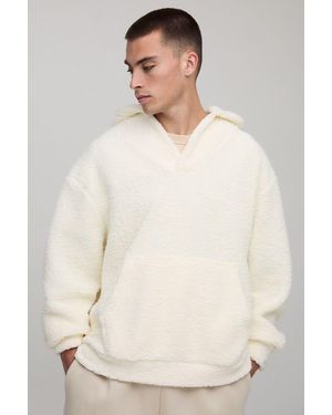 BoohooMAN Oversized Fluffy Borg Tab V Neck Hoodie - Natural