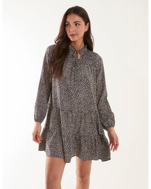 Blue Vanilla Shirred Cheetah Smock Dress - Grey