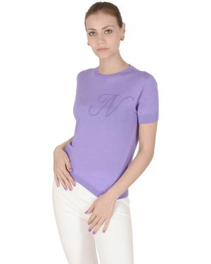 Crown of Edinburgh Cashmere Short Sleeve Art 003 Letter N Silk - Purple