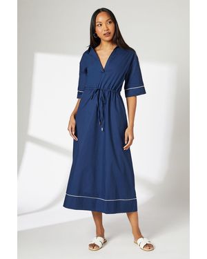 PRINCIPLES Contrast Detail Poplin Drawstring Midi Dress Cotton - Blue