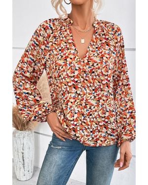 Everyday the Label Allover Print Split V Neck Bishop Sleeve Blouse - Orange