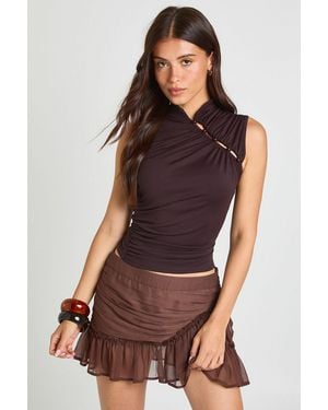 Boohoo Ruched Sleeveless Asym Button Up Top - Brown