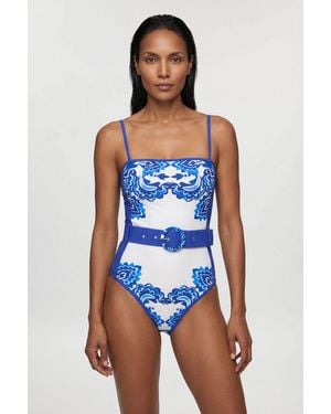 Karen Millen Paisley Print Belted Bandeau Swimsuit - Blue