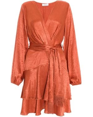 Quiz Rust Satin Fringe Wrap Skater Dress - Orange