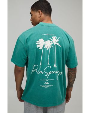 BoohooMAN Oversized Extended Neck Washed Palm Springs Graphic T-Shirt - Green