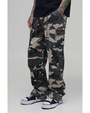 BoohooMAN Tall Relaxed Cluster Rhinestone Camo Cargo Trousers - Black