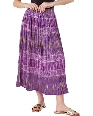 Roman Crinkle Cotton Metallic Foil Midi Skirt - Purple