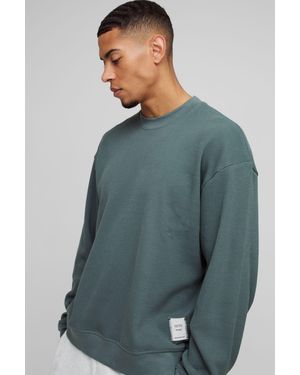 BoohooMAN Extended Neck Boxy Man Woven Tab Waffle Sweatshirt - Blue