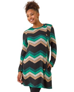 Roman Zig Zag Side Button Dress - Green