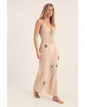 Nasty Gal Flower Embellished Tie Front Maxi Beach Dress - Natural
