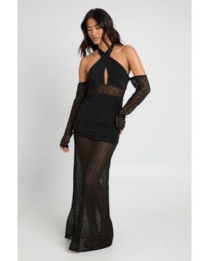 Boohoo Slinky Cross Front Halterneck Lace Hem Maxi Dress - Blue