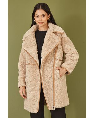 Yumi' Textured Borg Long Line Biker Coat - Green