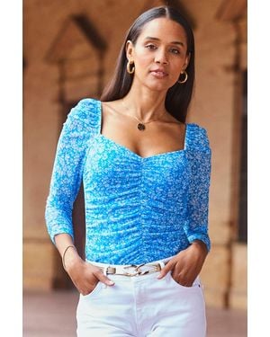 Sosandar Ditsy Floral Print Ruched Front Mesh Top - Blue