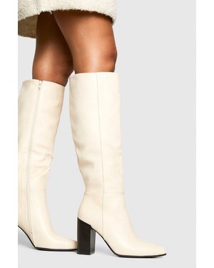 Boohoo Column Knee High Stacked Heel Boots - White
