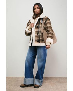 Oasis Shearling Trim Check Coat - Blue
