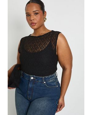 Boohoo Plus Lace Racer Neck Bodysuit - Blue