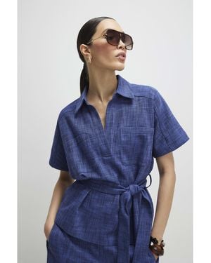 River Island Linen Look Collared Belted Top Cotton - Blue