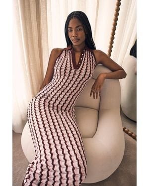 Karen Millen Knit Contrast Collar Pointelle Sleeveless Midi Dress - Brown