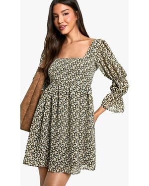 Boohoo Floral Gathered Puff Sleeve Smock Dress - Black