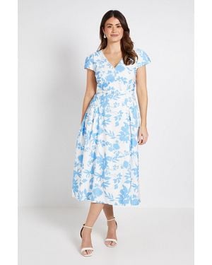 Wallis Floral Ottoman Twill Belted Midi Dress - Blue