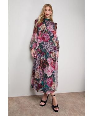 Oasis Printed Dropped Curved Waist Long Sleeve Maxi Dress - Pink