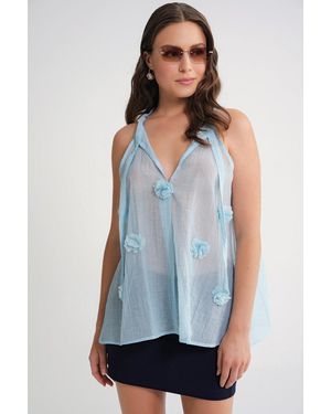 MixRay V-Neck Tie Closure Ruffle Blouse - Blue