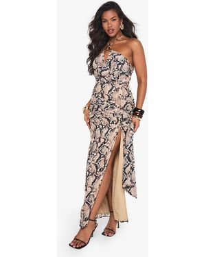 Boohoo Chiffon Snake Halterneck Maxi Dress - Brown