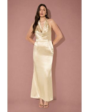 MissPap Premium Plunge Cowl Open Back Satin Maxi Bridesmaid Dress - Natural