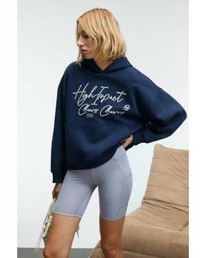 Grimelange Oversized Hooded Printed Sweatshirt - Blue