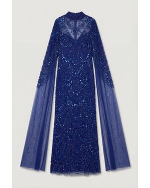 Karen Millen Premium Beaded Embellished Woven Midaxi Cape Dress - Blue