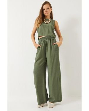 Bianco Lucci High Waist Crop T-Shirt And Wide Leg Trousers Co-Ord Set - Green