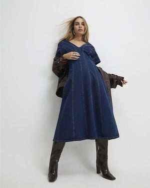 River Island Midi Dress Denim Short Sleeve Seamed Cotton - Blue