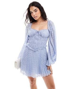 ASOS Metallic Dobby Milkmaid Long Sleeve Pleated Mini Dress - Blue