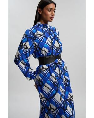 Karen Millen Rope Print Viscose Crepe Balloon Sleeve Maxi Dress With Pu Belt - Blue