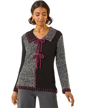 Roman Collared Textured Stitch Knit - Black