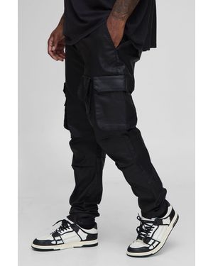 BoohooMAN Plus Leather Look Skinny Extreme Cargo Pocket Trousers - Black