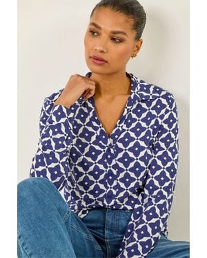 Roman Geo Print Stretch Mock Shirt - Blue