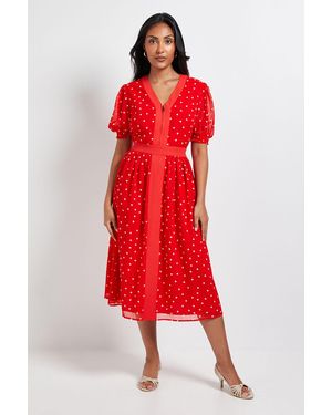 Wallis Petite Polka Dot Zip Puff Sleeve Midi Dress - Red