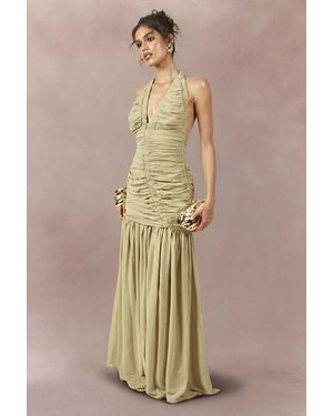 Boohoo Chiffon Extreme Ruched Plunge Front Maxi Dress - Natural