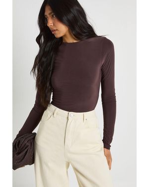 Boohoo Tall Double Layer Slinky Long Sleeve Crew Neck Bodysuit - Brown