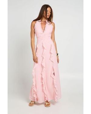 Boohoo Chiffon Ruffle Detail Halterneck Maxi Dress - Pink