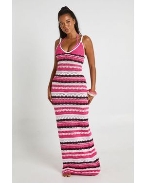 Boohoo Crochet Stripe Stitch Maxi Dress - Red