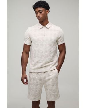 BoohooMAN Slim Fit Boucle Check Zip Neck Polo & Shorts Set - Natural