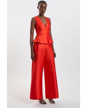 Karen Millen Satin Twill Peplum Wide Leg Jumpsuit - Red