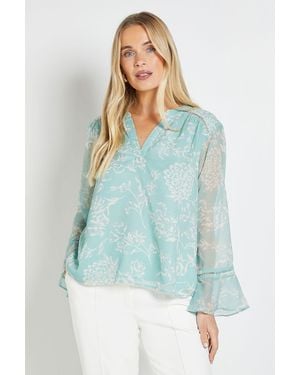 Wallis Petite Floral Cuff Detail Ladder Trim Blouse - Blue