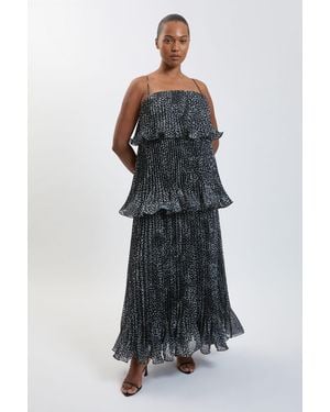 Karen Millen Plus Size Spot Print Pleated Slub Organdie Peplum Woven Maxi Dress - Black